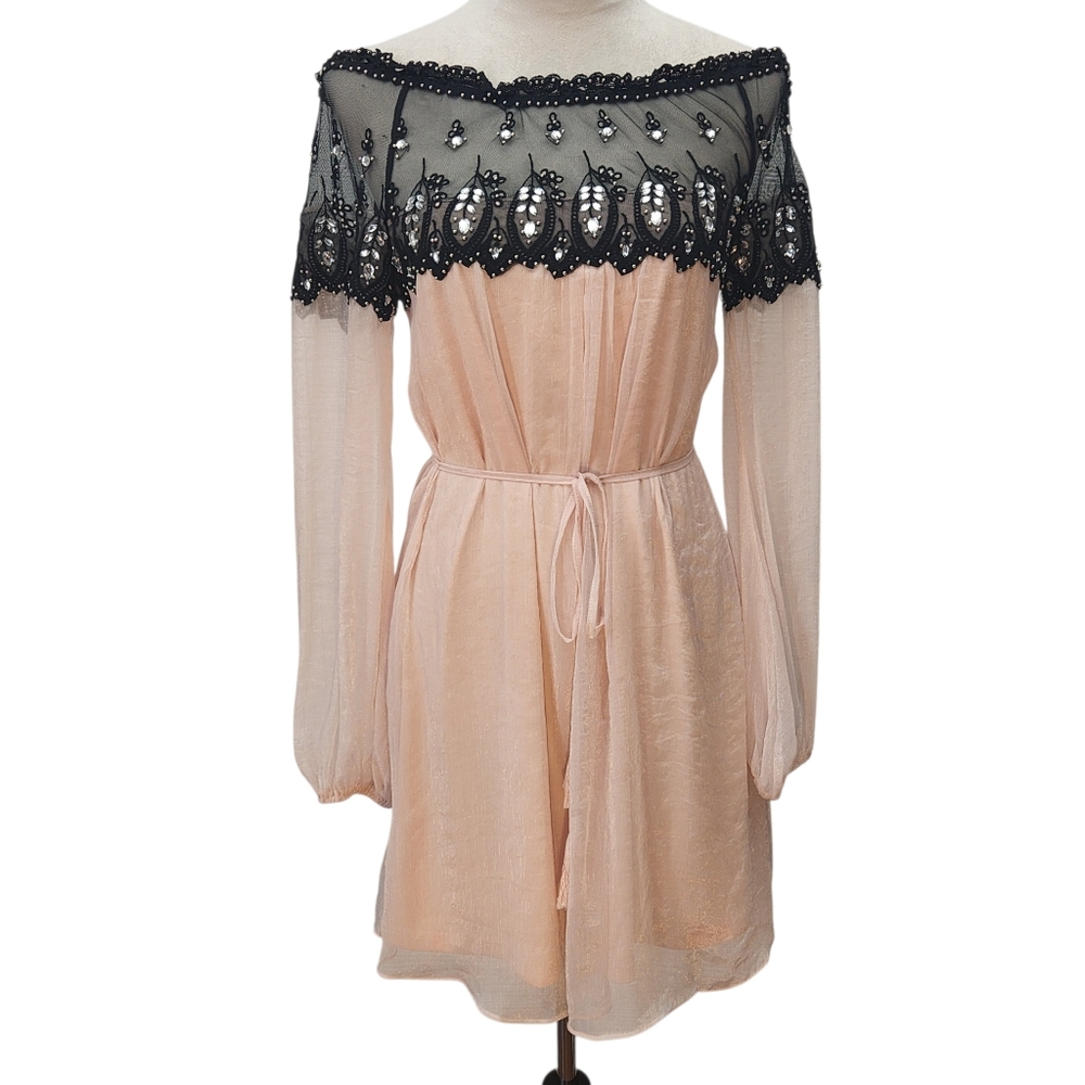Altar’d State Blush Pink Dress S Embellished Mesh Lace Boho Sheer Sleeves